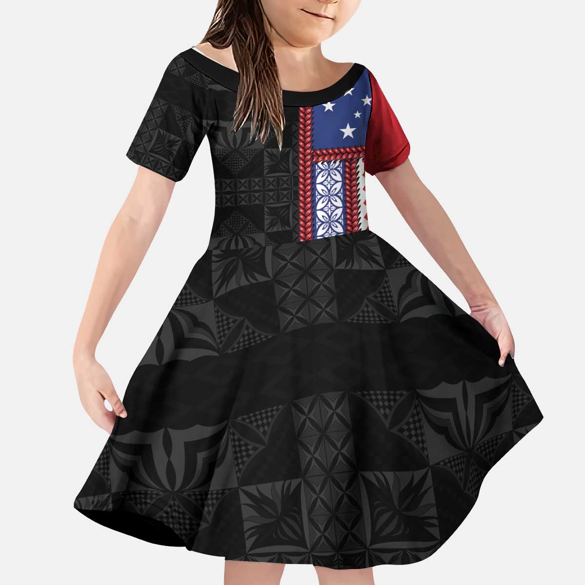 Samoa Flag Kid Short Sleeve Dress Ula Fala With Samoan Siapo - Polynesian Pride