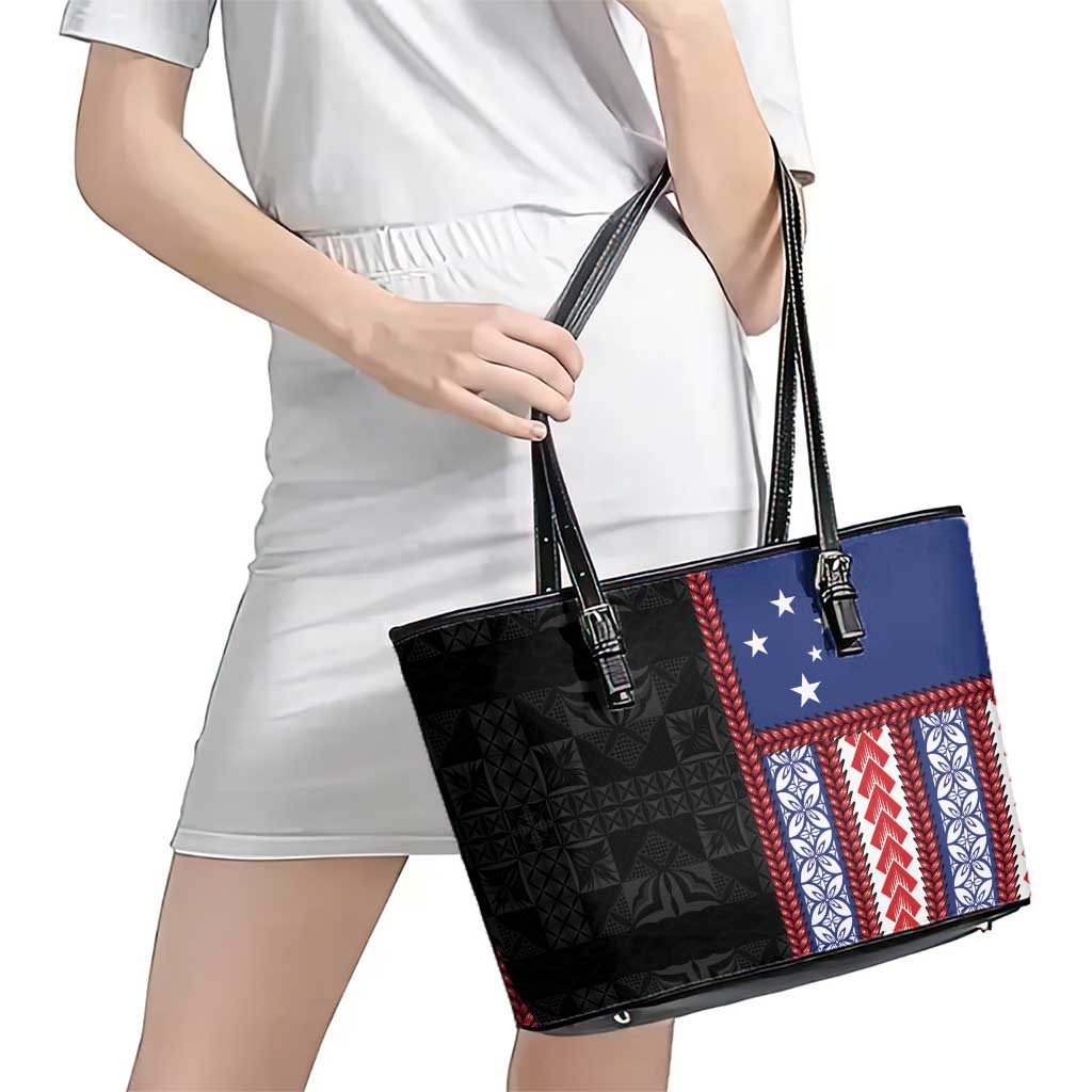 Samoa Flag Leather Tote Bag Ula Fala With Samoan Siapo LT05 - Polynesian Pride