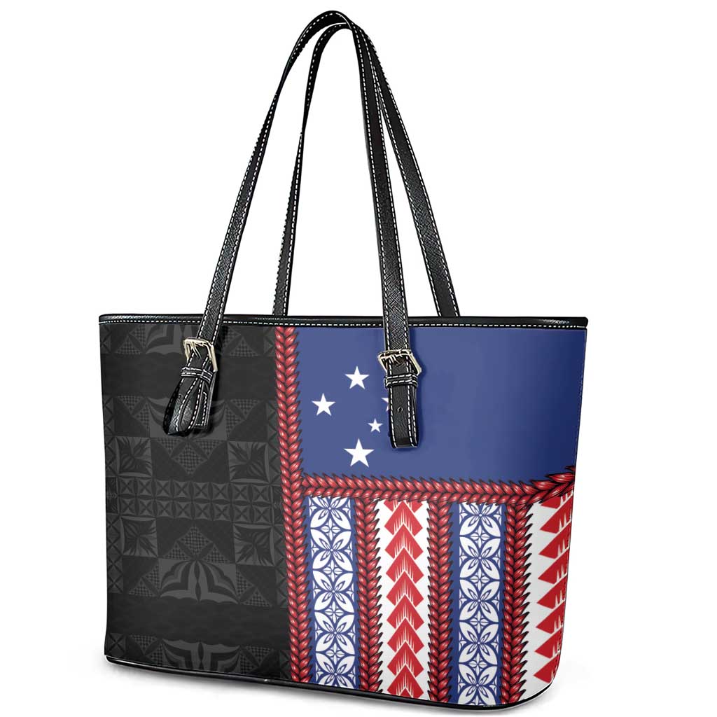 Samoa Flag Leather Tote Bag Ula Fala With Samoan Siapo LT05 - Polynesian Pride