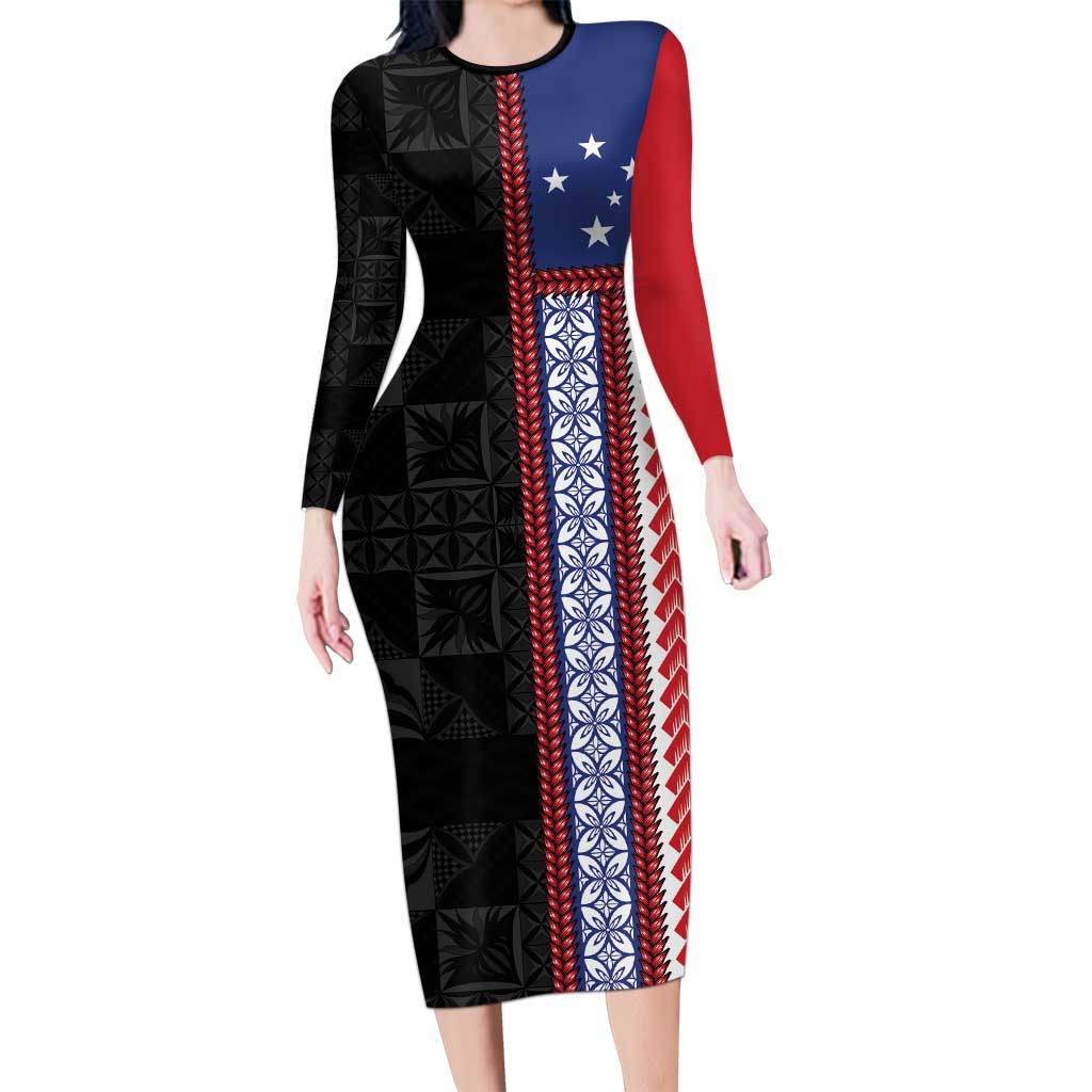 Samoa Flag Long Sleeve Bodycon Dress Ula Fala With Samoan Siapo - Polynesian Pride