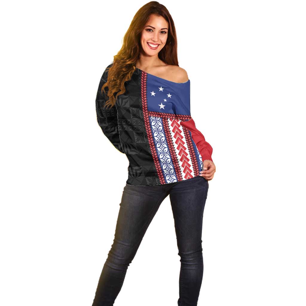 Samoa Flag Off Shoulder Sweater Ula Fala With Samoan Siapo - Polynesian Pride