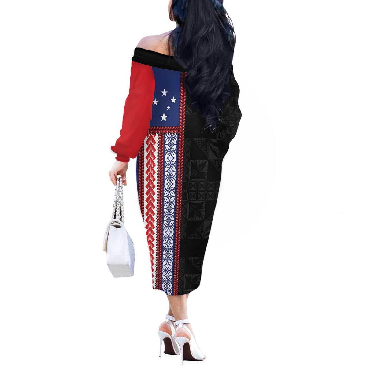 Samoa Flag Off The Shoulder Long Sleeve Dress Ula Fala With Samoan Siapo - Polynesian Pride
