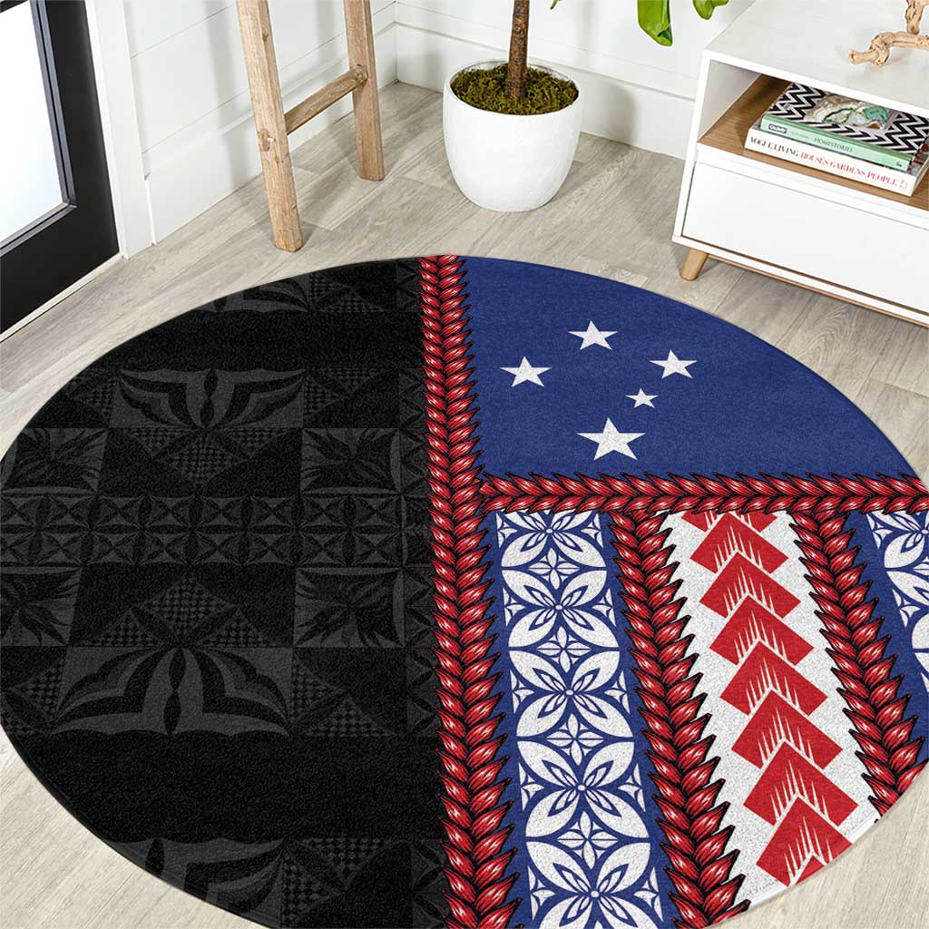 Samoa Flag Round Carpet Ula Fala With Samoan Siapo LT05 Black - Polynesian Pride