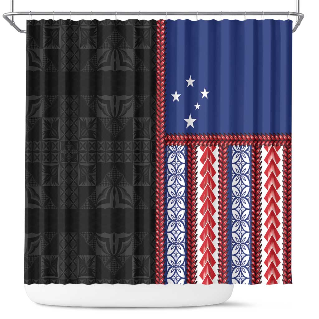 Samoa Flag Shower Curtain Ula Fala With Samoan Siapo LT05 Black - Polynesian Pride