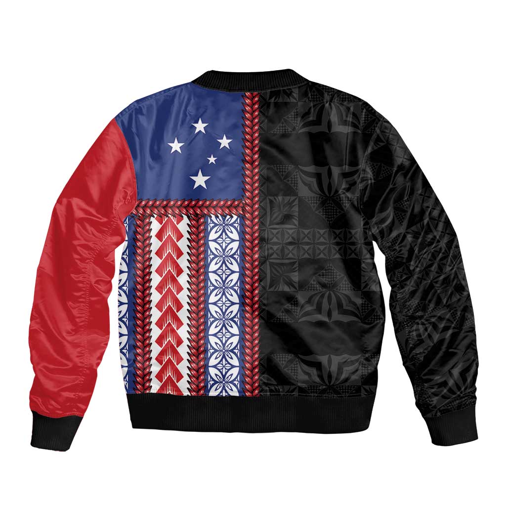 Samoa Flag Sleeve Zip Bomber Jacket Ula Fala With Samoan Siapo - Polynesian Pride