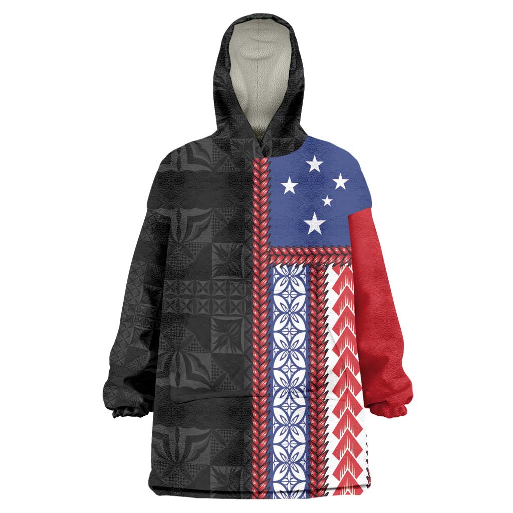 Samoa Flag Wearable Blanket Hoodie Ula Fala With Samoan Siapo LT05 One Size Black - Polynesian Pride