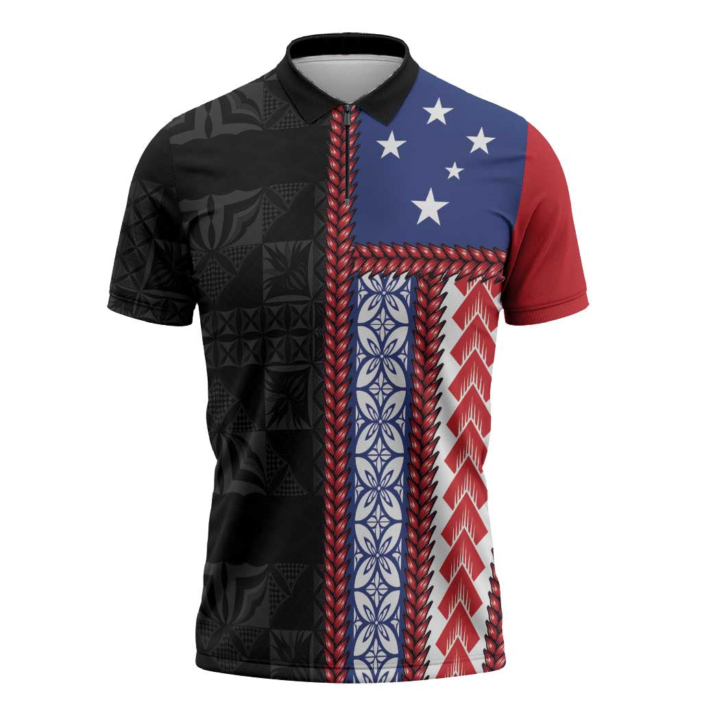 Samoa Flag Zipper Polo Shirt Ula Fala With Samoan Siapo - Polynesian Pride
