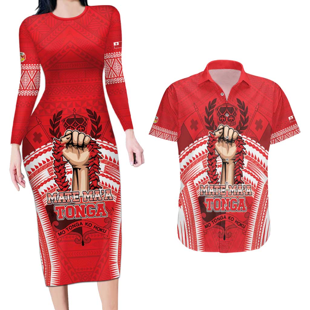 Custom Tonga Rugby Mate Ma'a Couples Matching Long Sleeve Bodycon Dress and Hawaiian Shirt Tongan Pride Unique Style - Polynesian Pride