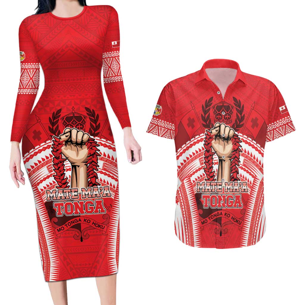Custom Tonga Rugby Mate Ma'a Couples Matching Long Sleeve Bodycon Dress and Hawaiian Shirt Tongan Pride Unique Style - Polynesian Pride
