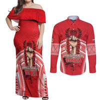Custom Tonga Rugby Mate Ma'a Couples Matching Off Shoulder Maxi Dress and Long Sleeve Button Shirt Tongan Pride Unique Style - Polynesian Pride