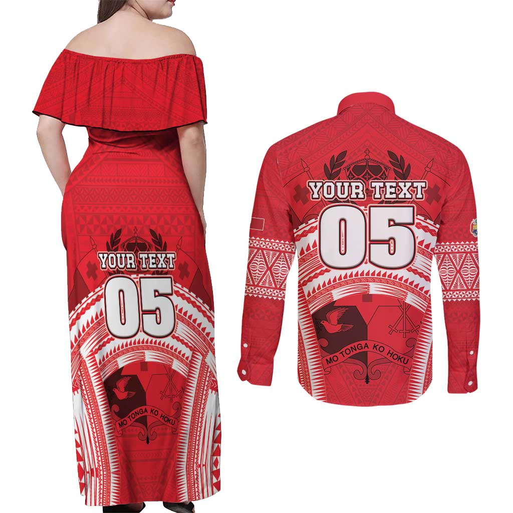 Custom Tonga Rugby Mate Ma'a Couples Matching Off Shoulder Maxi Dress and Long Sleeve Button Shirt Tongan Pride Unique Style - Polynesian Pride