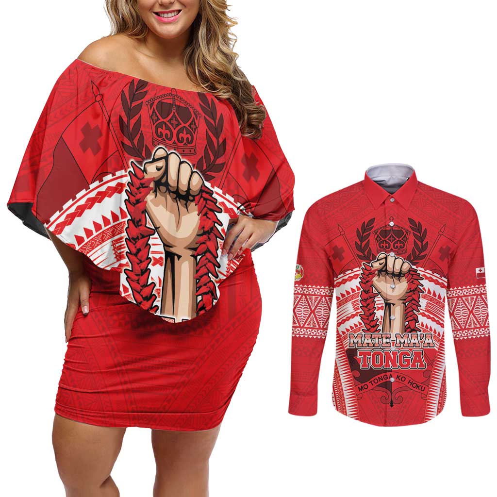 Custom Tonga Rugby Mate Ma'a Couples Matching Off Shoulder Short Dress and Long Sleeve Button Shirt Tongan Pride Unique Style - Polynesian Pride