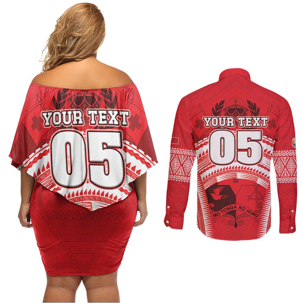Custom Tonga Rugby Mate Ma'a Couples Matching Off Shoulder Short Dress and Long Sleeve Button Shirt Tongan Pride Unique Style - Polynesian Pride