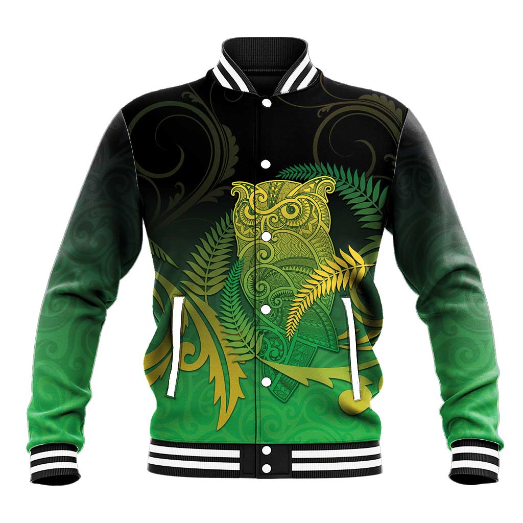 New Zealand Aotearoa Ruru Baseball Jacket Maori Fern Art Green