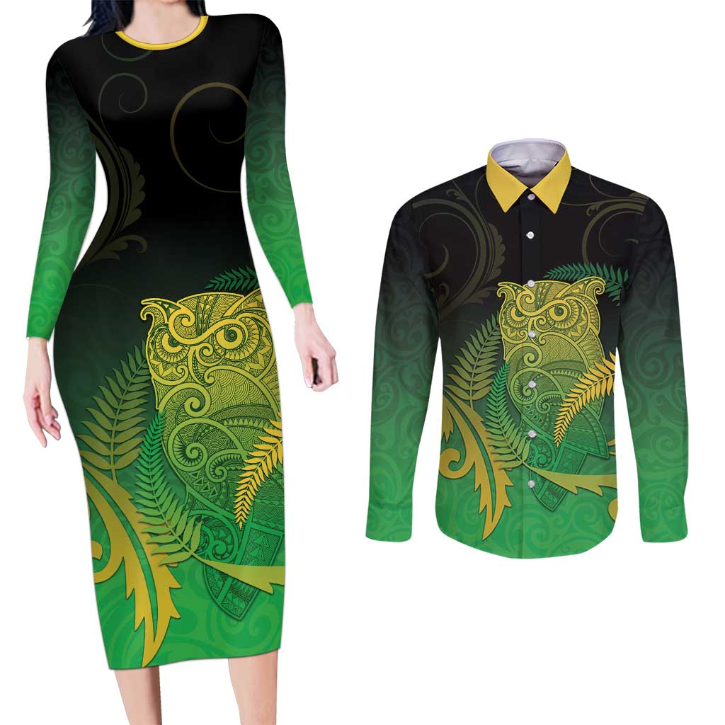 New Zealand Aotearoa Ruru Couples Matching Long Sleeve Bodycon Dress and Long Sleeve Button Shirt Maori Fern Art Green