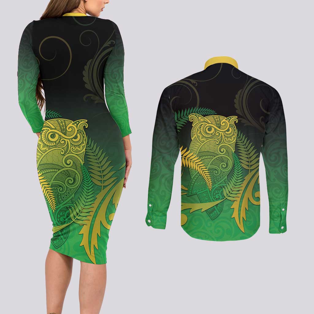 New Zealand Aotearoa Ruru Couples Matching Long Sleeve Bodycon Dress and Long Sleeve Button Shirt Maori Fern Art Green
