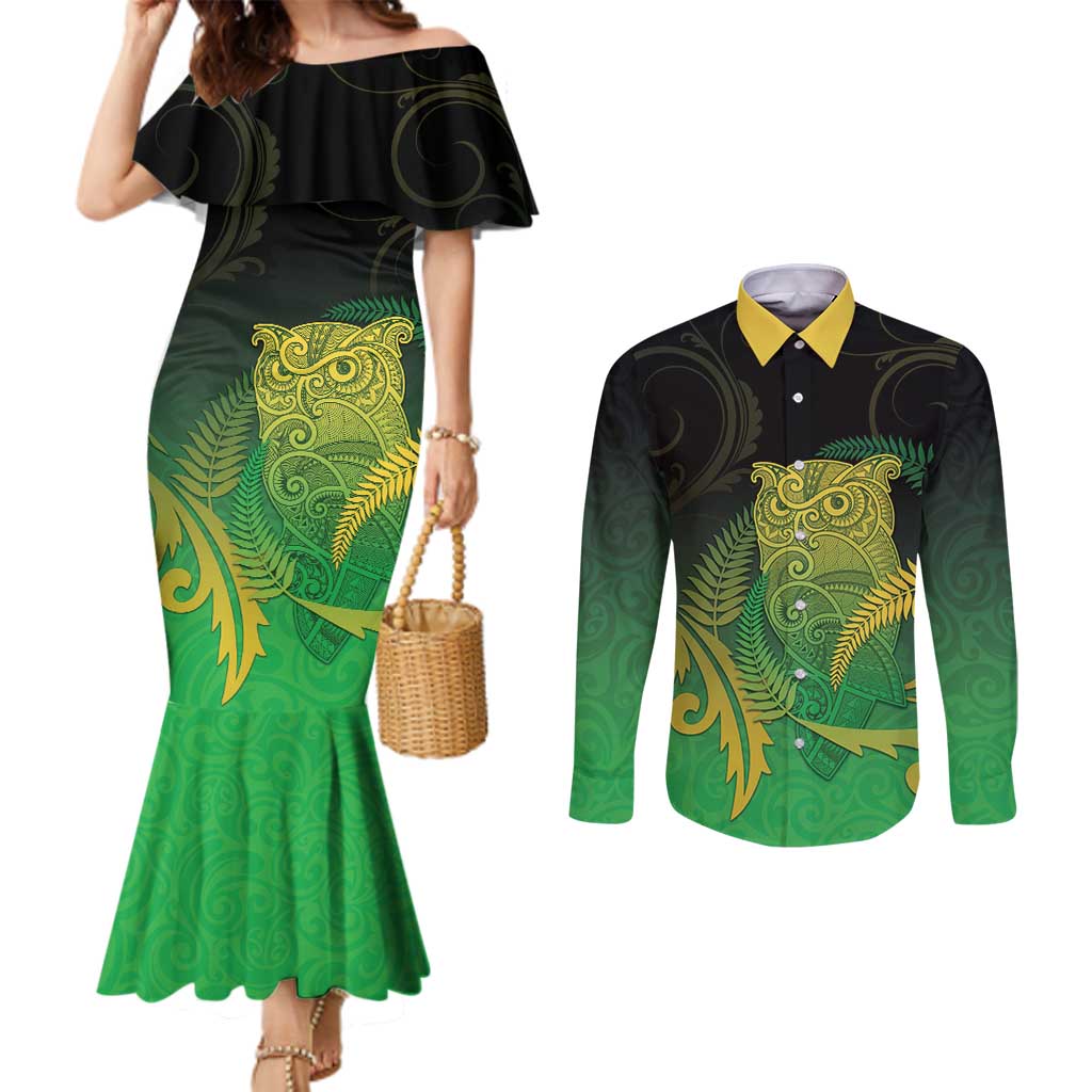 New Zealand Aotearoa Ruru Couples Matching Mermaid Dress and Long Sleeve Button Shirt Maori Fern Art Green