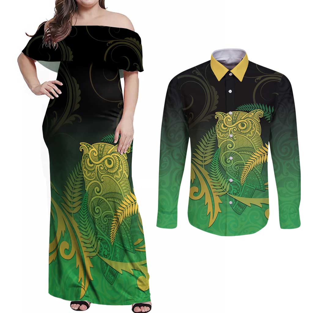 New Zealand Aotearoa Ruru Couples Matching Off Shoulder Maxi Dress and Long Sleeve Button Shirt Maori Fern Art Green