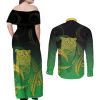 New Zealand Aotearoa Ruru Couples Matching Off Shoulder Maxi Dress and Long Sleeve Button Shirt Maori Fern Art Green