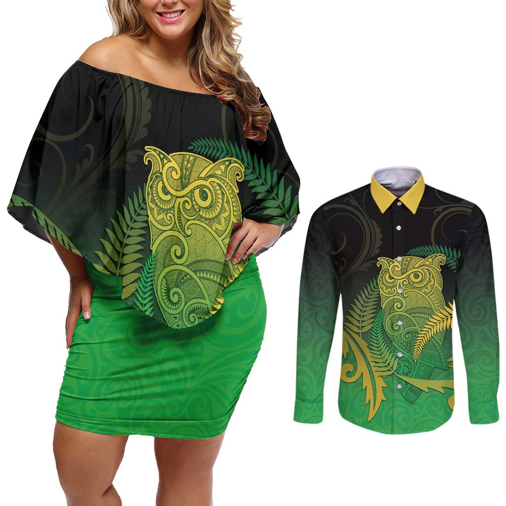 New Zealand Aotearoa Ruru Couples Matching Off Shoulder Short Dress and Long Sleeve Button Shirt Maori Fern Art Green