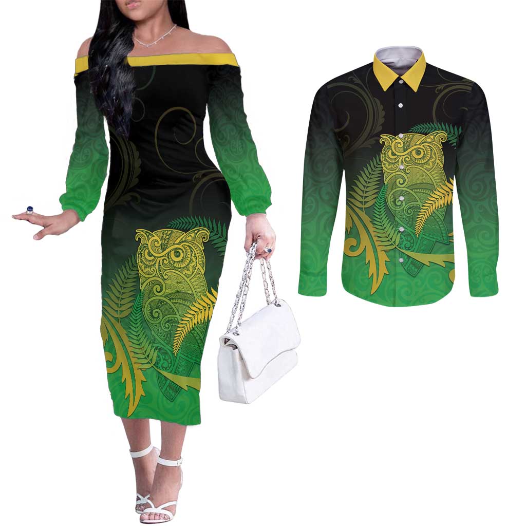 New Zealand Aotearoa Ruru Couples Matching Off The Shoulder Long Sleeve Dress and Long Sleeve Button Shirt Maori Fern Art Green