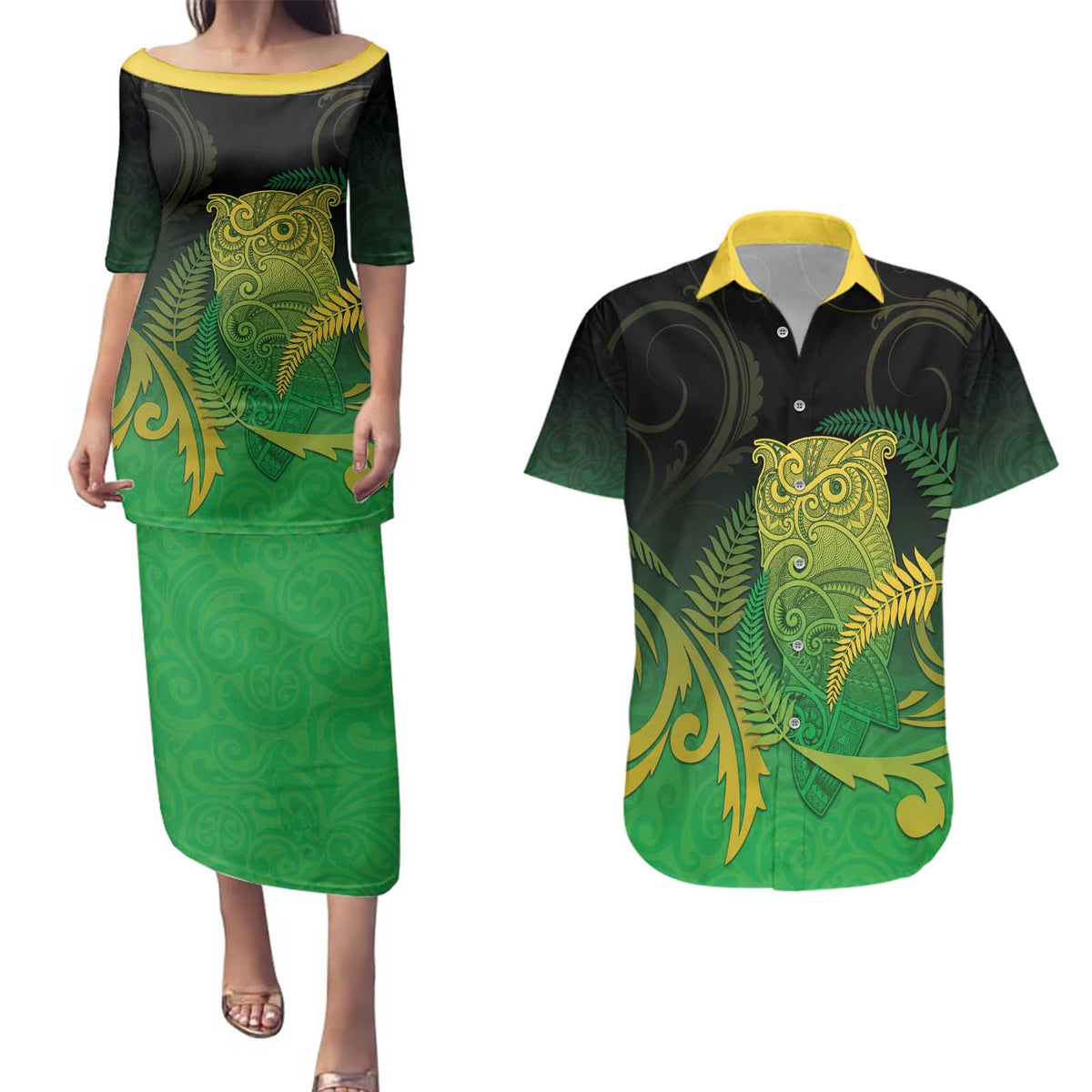 New Zealand Aotearoa Ruru Couples Matching Puletasi and Hawaiian Shirt Maori Fern Art Green