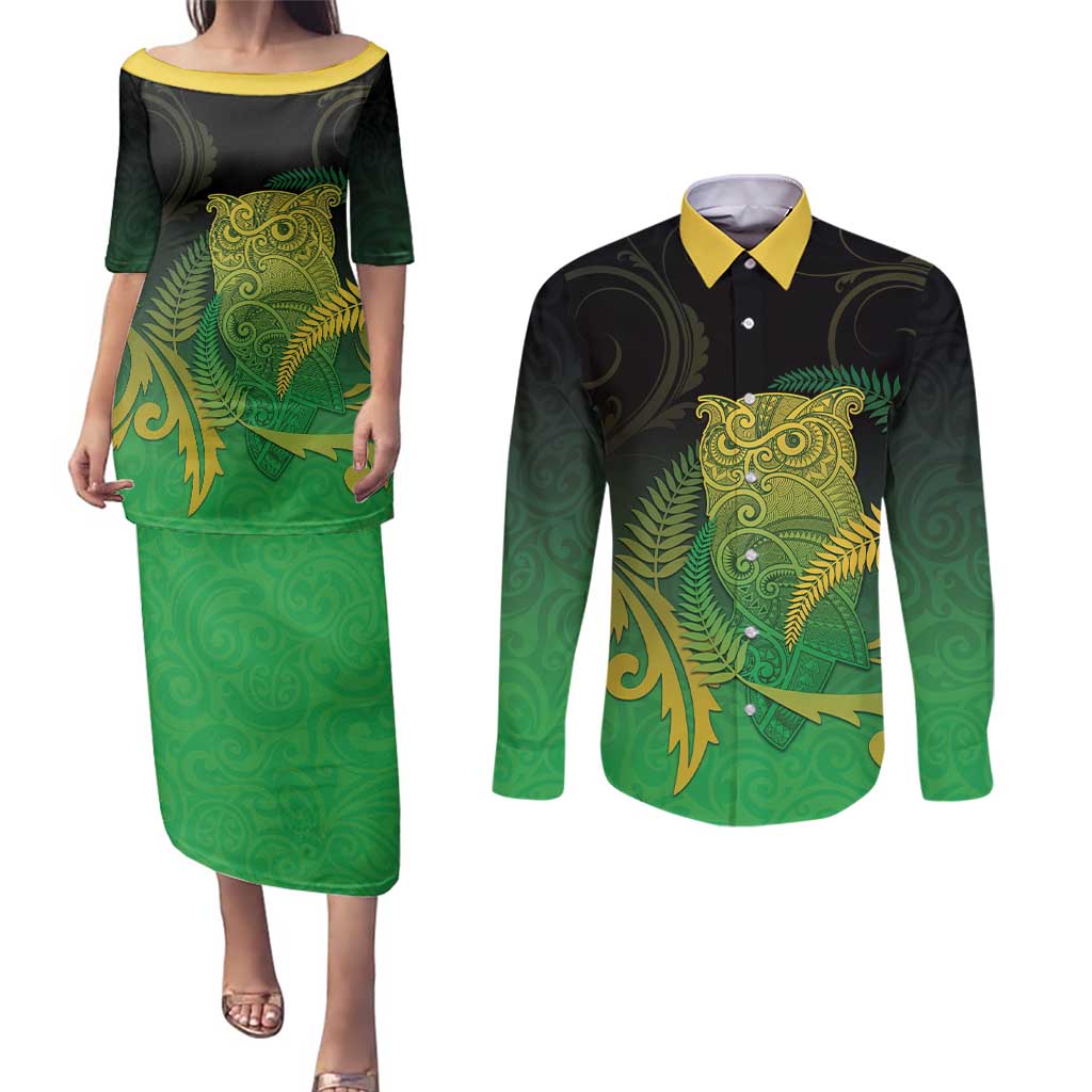 New Zealand Aotearoa Ruru Couples Matching Puletasi and Long Sleeve Button Shirt Maori Fern Art Green
