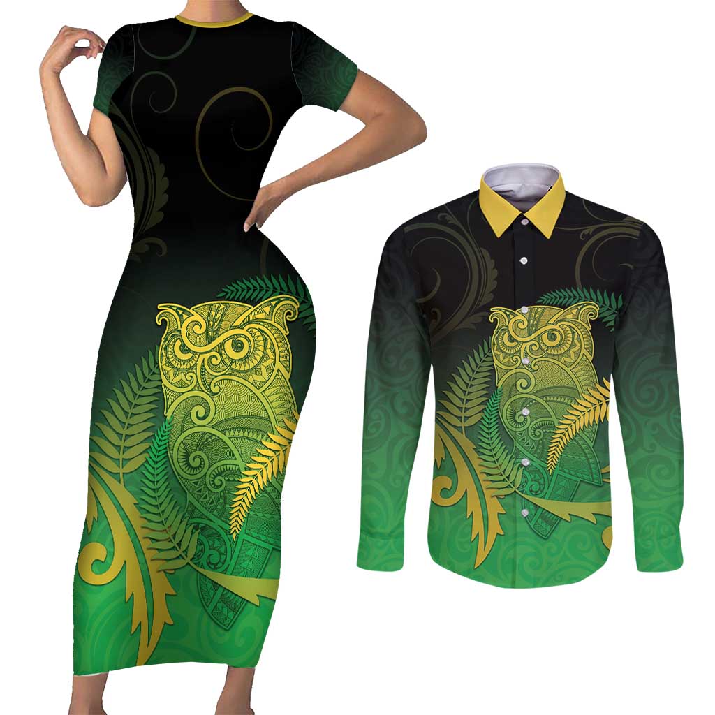 New Zealand Aotearoa Ruru Couples Matching Short Sleeve Bodycon Dress and Long Sleeve Button Shirt Maori Fern Art Green