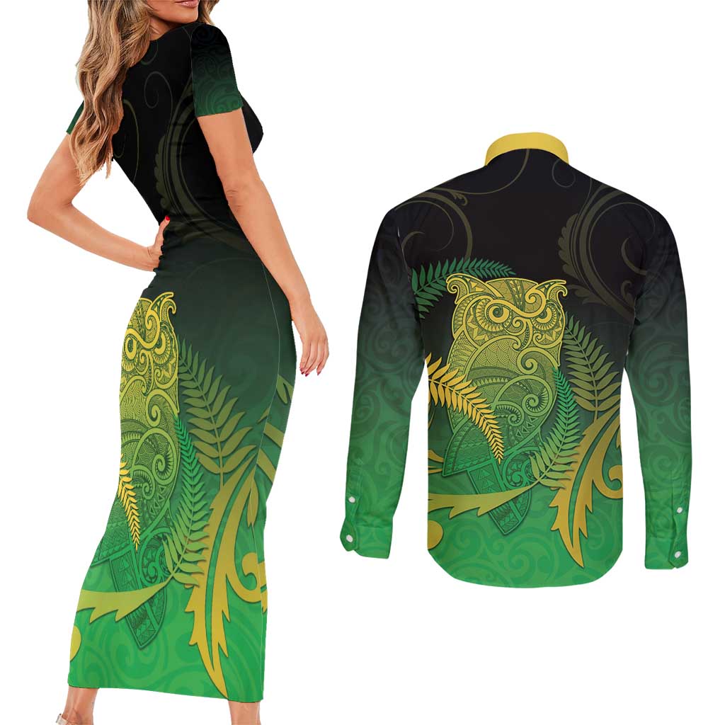 New Zealand Aotearoa Ruru Couples Matching Short Sleeve Bodycon Dress and Long Sleeve Button Shirt Maori Fern Art Green