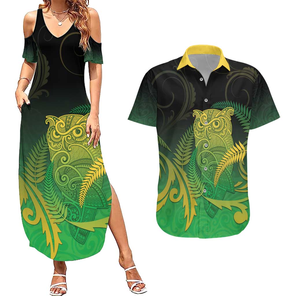 New Zealand Aotearoa Ruru Couples Matching Summer Maxi Dress and Hawaiian Shirt Maori Fern Art Green