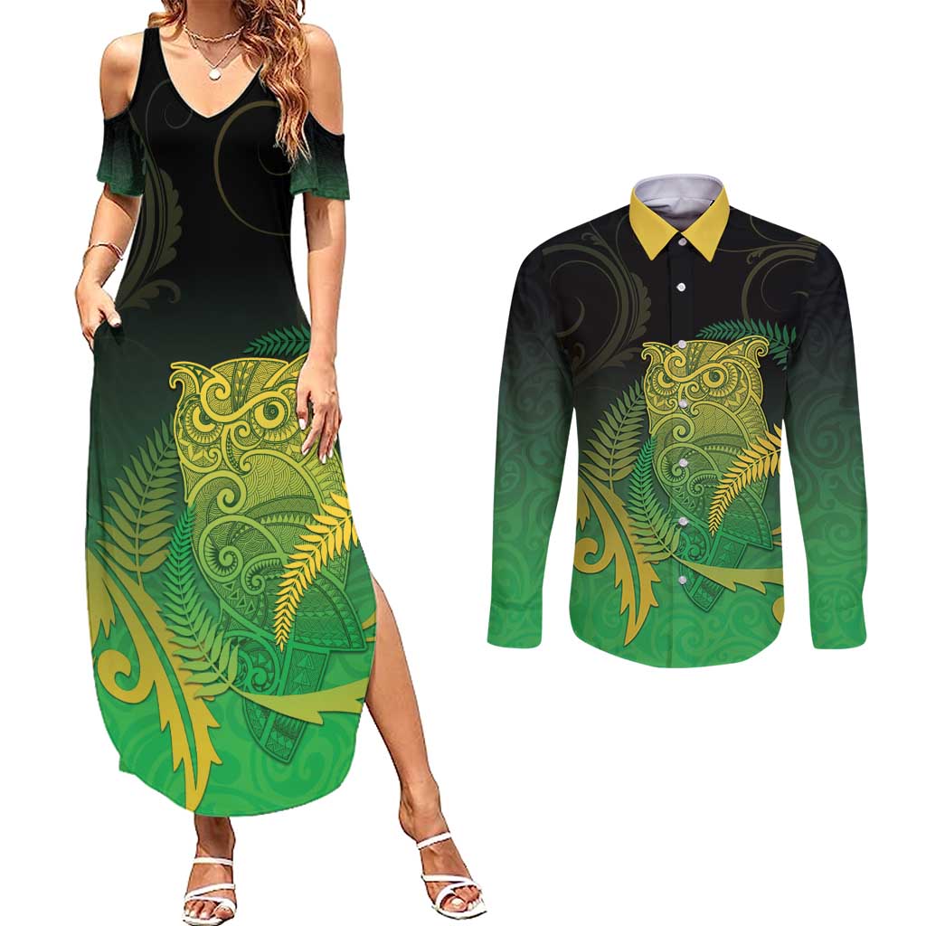 New Zealand Aotearoa Ruru Couples Matching Summer Maxi Dress and Long Sleeve Button Shirt Maori Fern Art Green