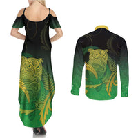 New Zealand Aotearoa Ruru Couples Matching Summer Maxi Dress and Long Sleeve Button Shirt Maori Fern Art Green