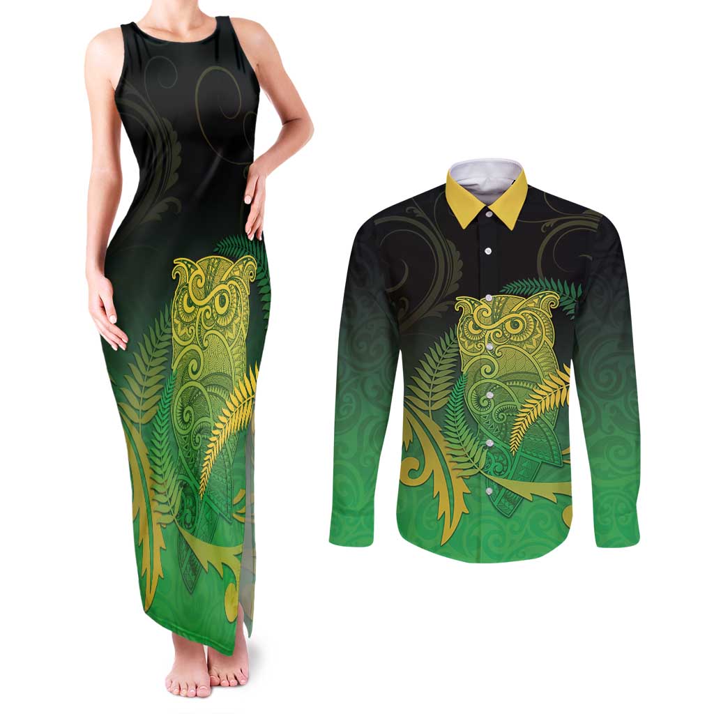 New Zealand Aotearoa Ruru Couples Matching Tank Maxi Dress and Long Sleeve Button Shirt Maori Fern Art Green
