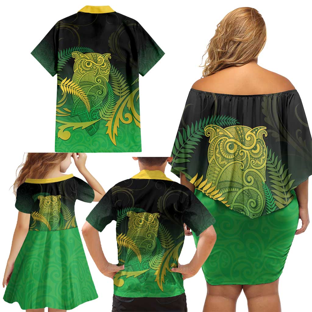 New Zealand Aotearoa Ruru Family Matching Off Shoulder Short Dress and Hawaiian Shirt Maori Fern Art Green