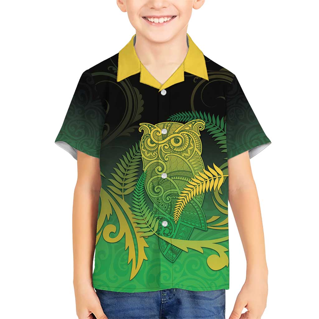New Zealand Aotearoa Ruru Family Matching Short Sleeve Bodycon Dress and Hawaiian Shirt Maori Fern Art Green
