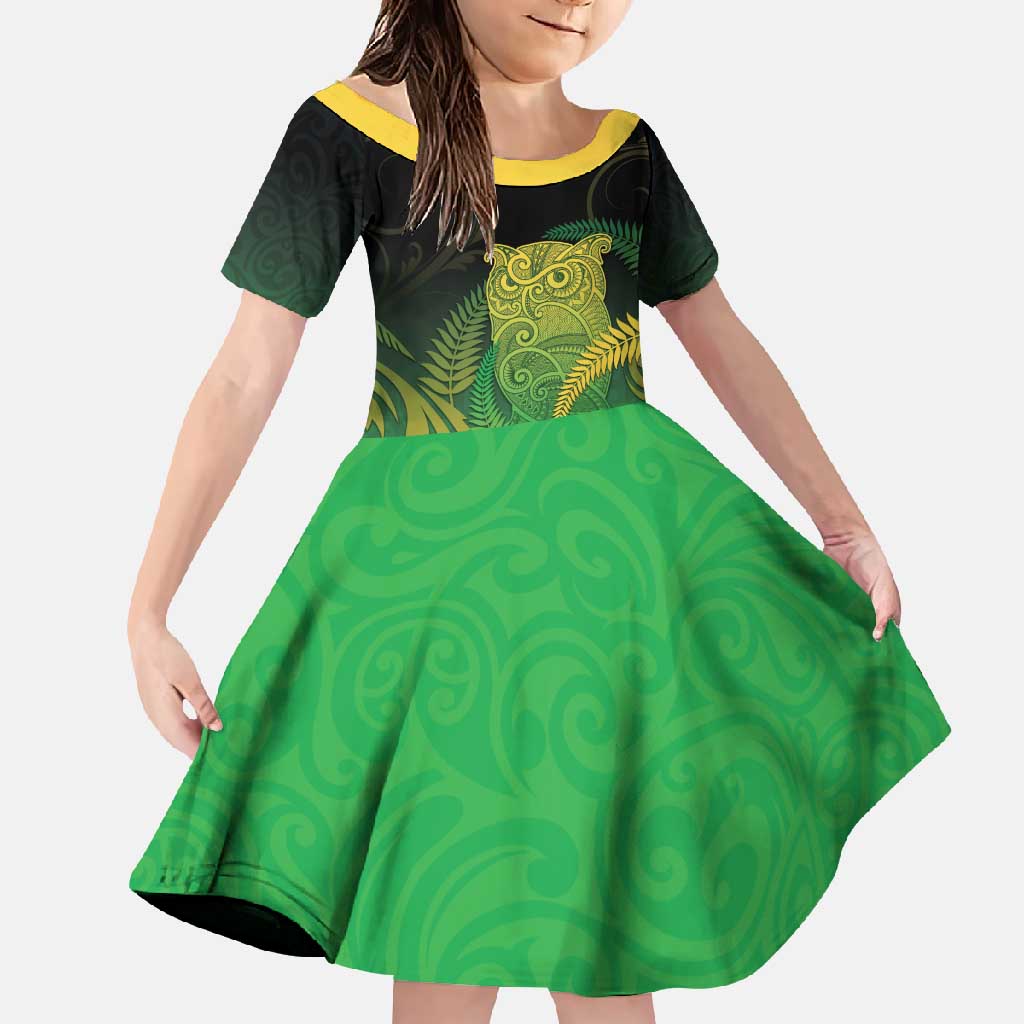 New Zealand Aotearoa Ruru Family Matching Tank Maxi Dress and Hawaiian Shirt Maori Fern Art Green