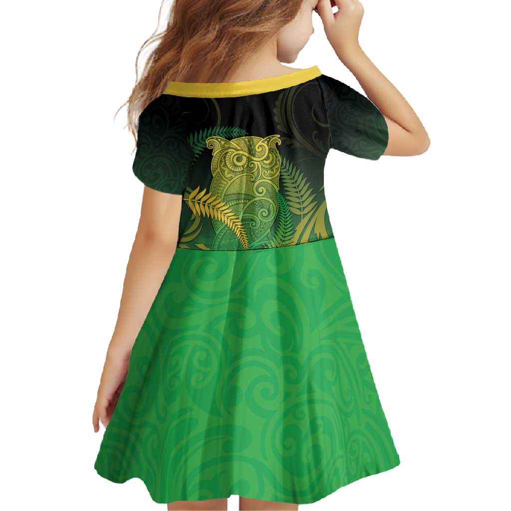 New Zealand Aotearoa Ruru Family Matching Tank Maxi Dress and Hawaiian Shirt Maori Fern Art Green