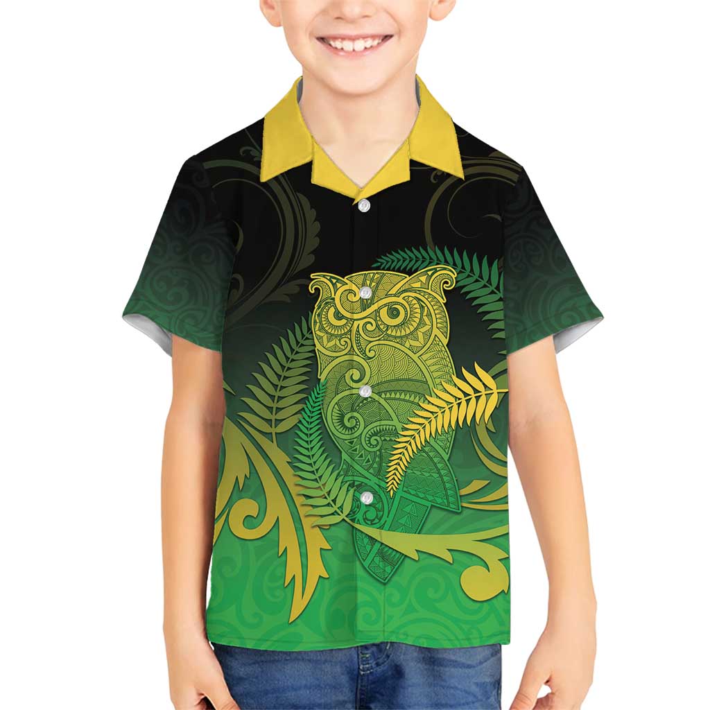 New Zealand Aotearoa Ruru Family Matching Tank Maxi Dress and Hawaiian Shirt Maori Fern Art Green