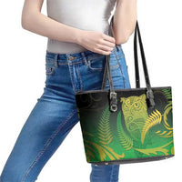 New Zealand Aotearoa Ruru Leather Tote Bag Maori Fern Art Green