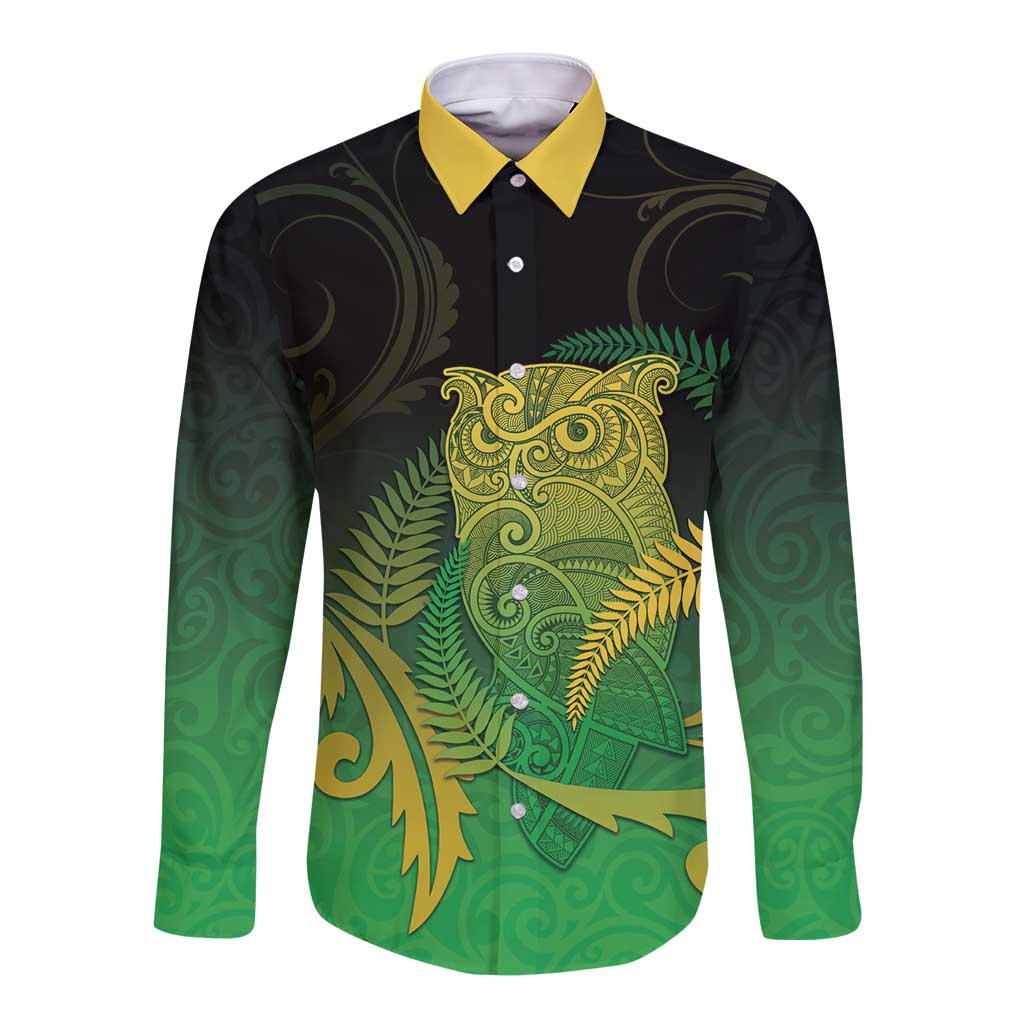 New Zealand Aotearoa Ruru Long Sleeve Button Shirt Maori Fern Art Green