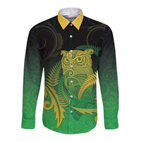 New Zealand Aotearoa Ruru Long Sleeve Button Shirt Maori Fern Art Green