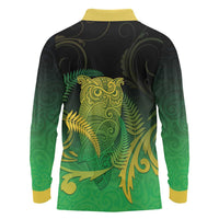 New Zealand Aotearoa Ruru Long Sleeve Polo Shirt Maori Fern Art Green