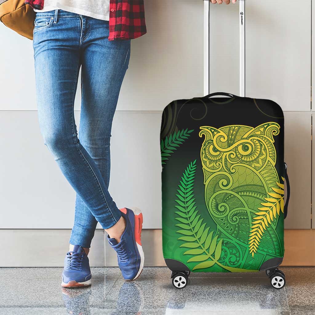 New Zealand Aotearoa Ruru Luggage Cover Maori Fern Art Green