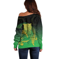 New Zealand Aotearoa Ruru Off Shoulder Sweater Maori Fern Art Green