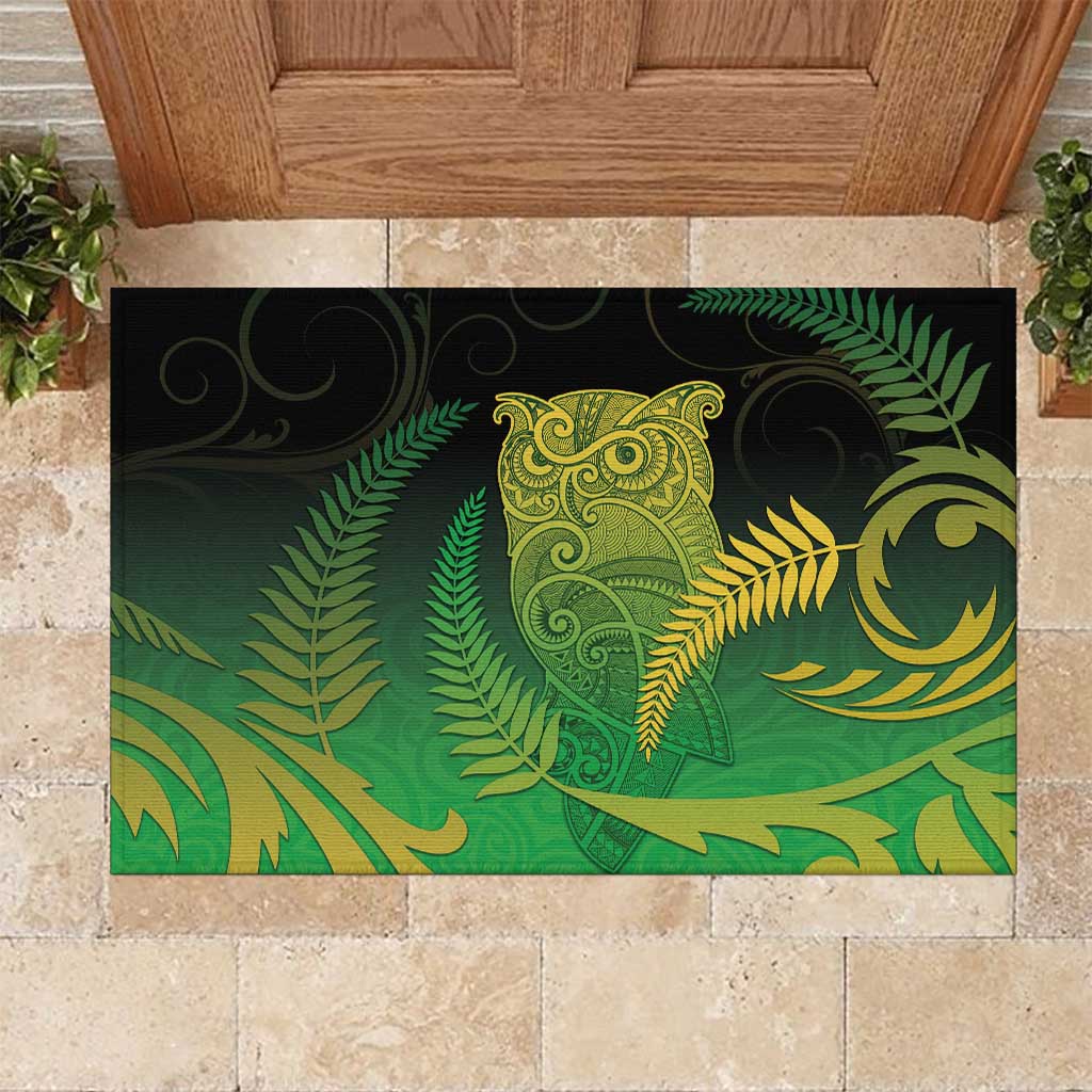 New Zealand Aotearoa Ruru Rubber Doormat Maori Fern Art Green