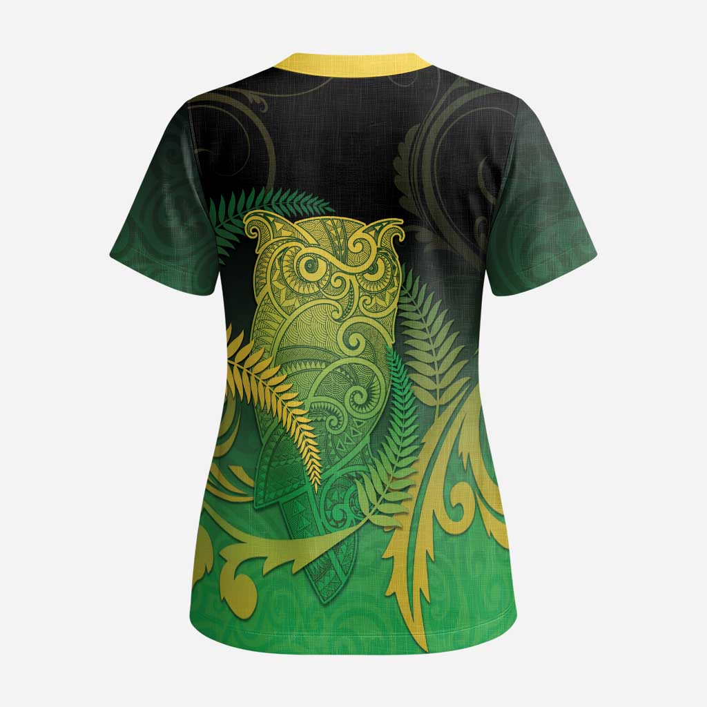 New Zealand Aotearoa Ruru Scrub Top Maori Fern Art Green - Polynesian Pride