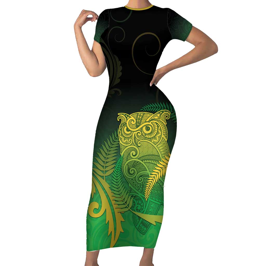 New Zealand Aotearoa Ruru Short Sleeve Bodycon Dress Maori Fern Art Green