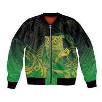 New Zealand Aotearoa Ruru Sleeve Zip Bomber Jacket Maori Fern Art Green