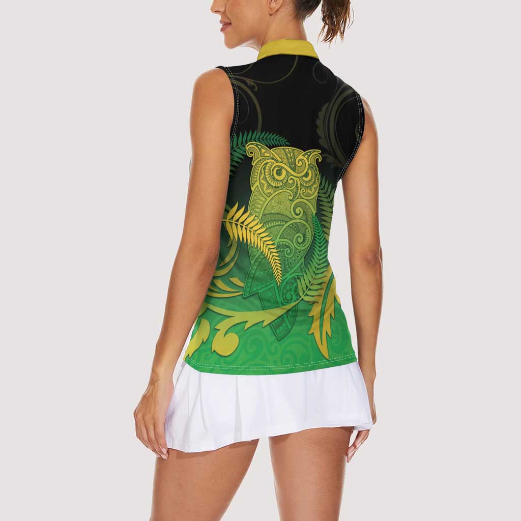 New Zealand Aotearoa Ruru Women Sleeveless Polo Shirt Maori Fern Art Green