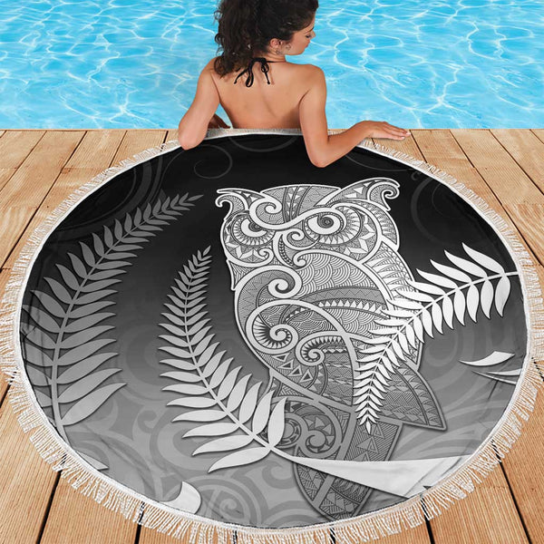 New Zealand Aotearoa Ruru Beach Blanket Maori Fern Art Black LT05